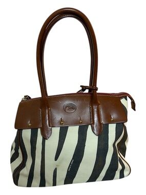Dooney & Bourke Zebra Print Canvas & Leather Satchel Tote – Brown Leather Trim